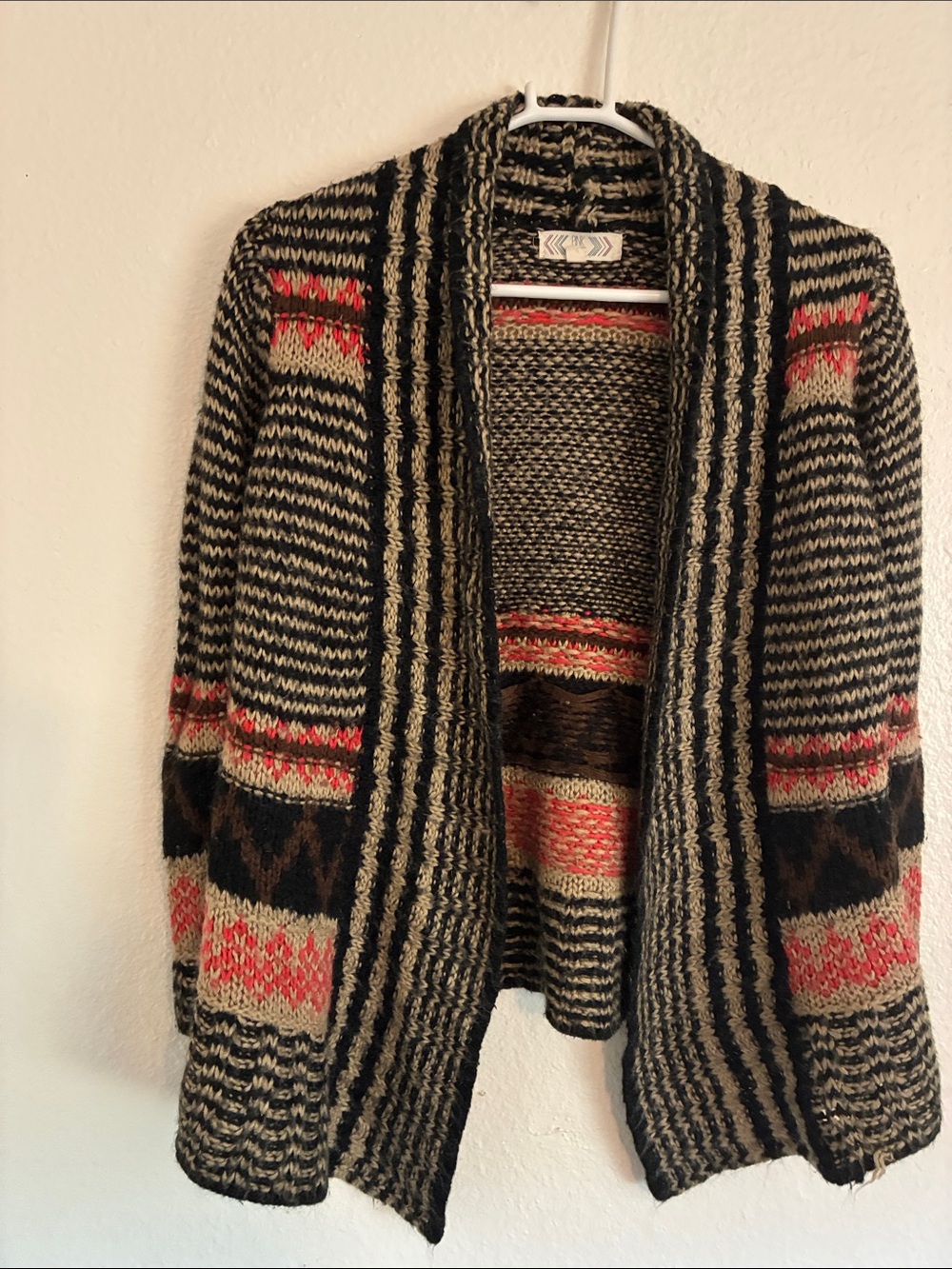 Pink Rose Open-Front Fair Isle Cardigan in Black, Cream & Coral